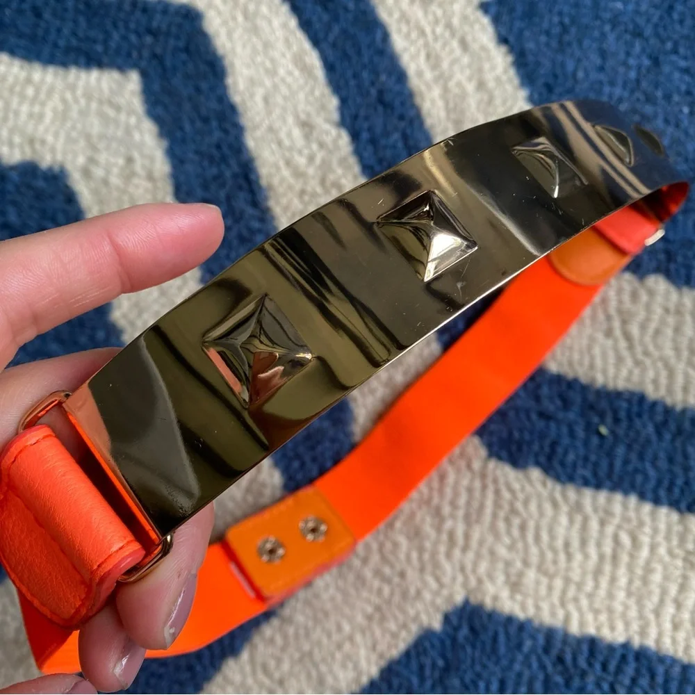 🧡 NEON ORANGE GOLD PLATE STUDDED STRETCHY BELT!